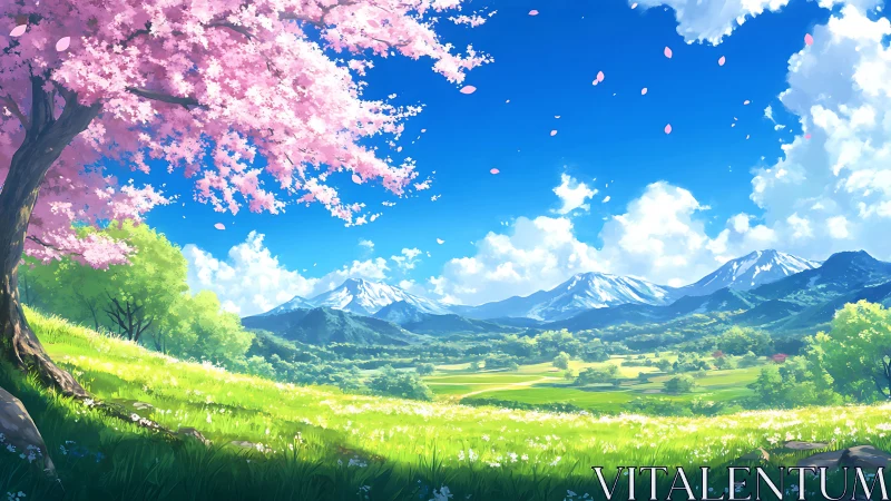 Pink cherry tree over green valley and distant mountains.