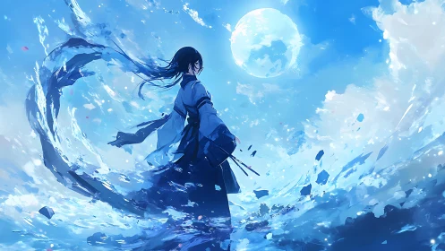 Sword-bearing figure amid swirling blue energy and moon.