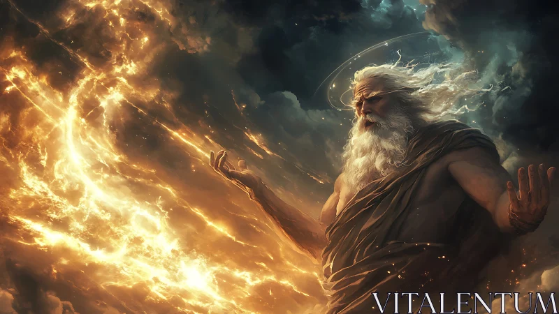 Mythic storm god channels luminous plasma through turbulent sky