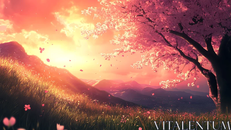 Sunset backlit cherry tree on alpine meadow ridge in spring