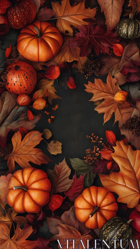 Autumn pumpkins and leaves border on dark background.