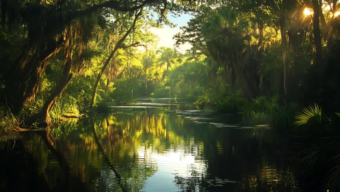 Golden morning light gently blesses a tranquil jungle river