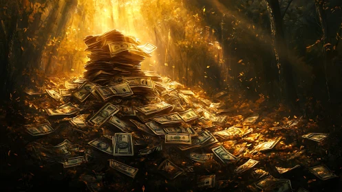 Golden forest treasure of scattered dollar bills glows brightly