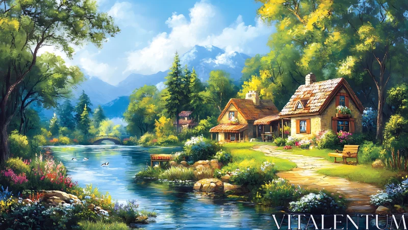 River, cottages, and wooded landscape form a coherent scene