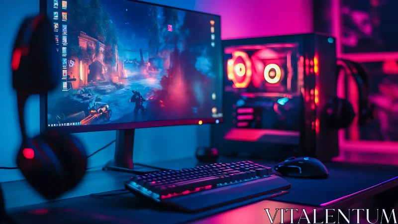 RGB gaming PC desk setup under neon ambient lighting.
