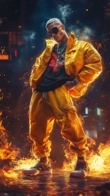 Streetwear figure in golden techwear framed by cinematic flames