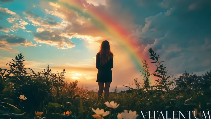 Silhouetted girl beneath vivid rainbow at glowing sunset.