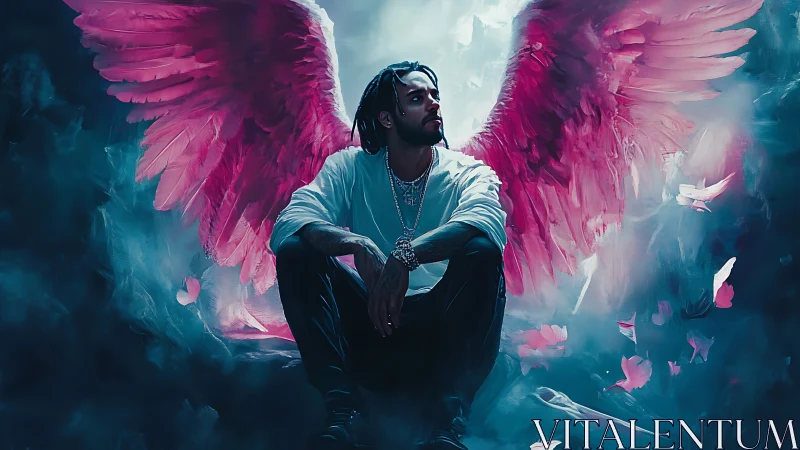 Winged urban angel rests in neon mist and falling petals.