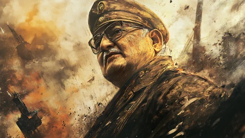 Elderly military officer stands amid burning industrial war