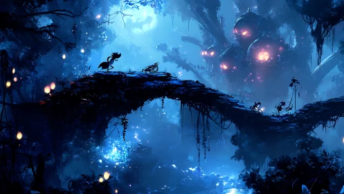 Silhouetted Figures on Floating Platform in Blue Mystical World