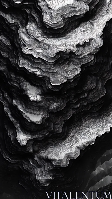 Monochrome topographic contour strata in fluid motion study.