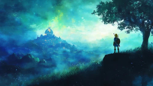 Heroic figure watching glowing fantasy city at sunrise.