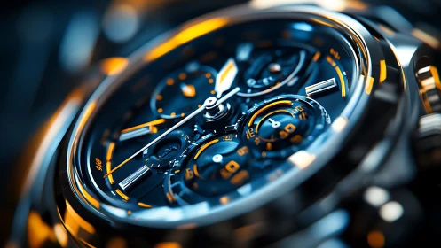 Luxury chronograph dial glows in neon blue and gold light.