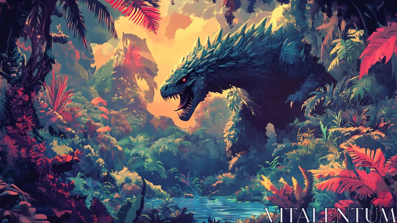 Colossal jungle beast emerges over luminous tropical lagoon.