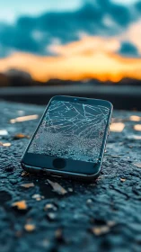 Broken smartphone on wet asphalt with blurred sunset background.