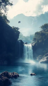 Misty mountain waterfall pours into a tranquil blue lagoon