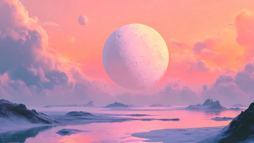 Moonrise drifts over cotton-candy seas on an alien dawn