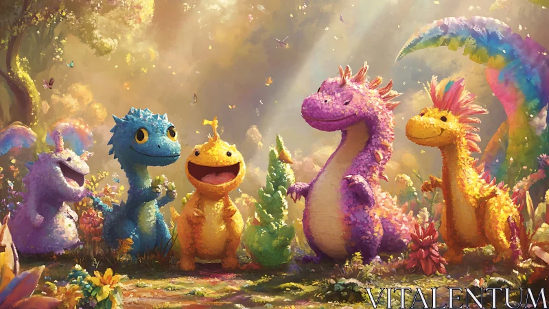 Chromatic dragon hatchlings interact under volumetric forest light