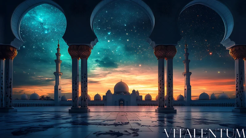 Digital painting of celestial mosque courtyard under stars.