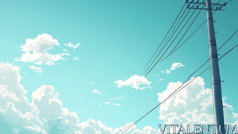 Utility pole and power lines intersect clear cyan sky