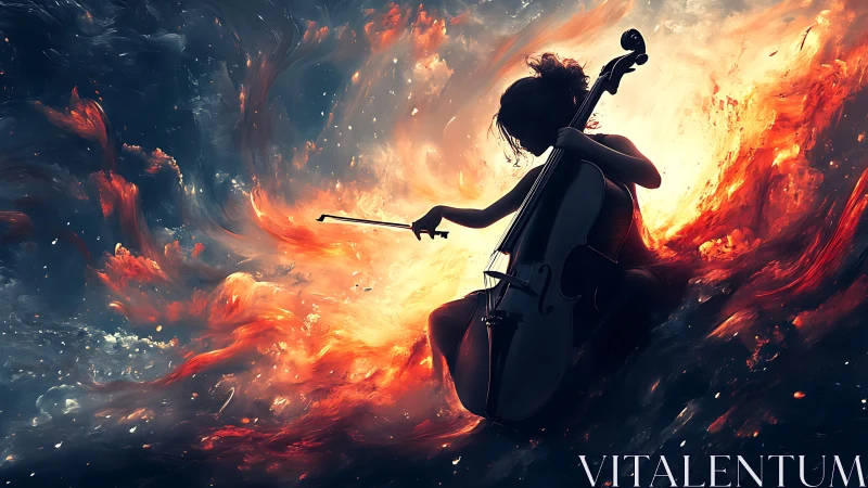Fiery cello silhouette ignites swirling cosmic stormscape.