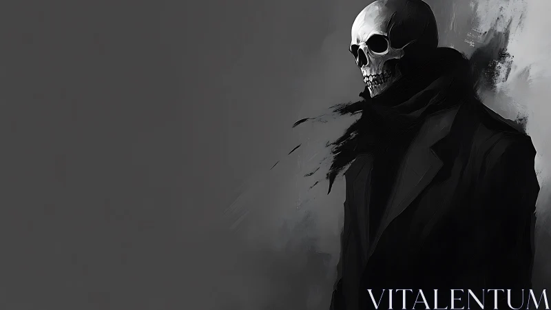 Elegantly dressed skeleton drifts into the gray unknown