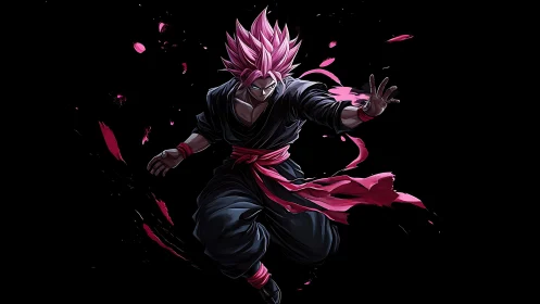 Pink haired anime fighter in black outfit on dark background.