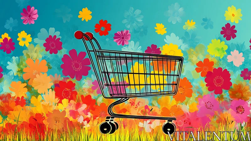 Shopping cart silhouette drifts through vivid digital flower field
