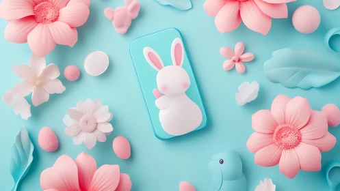 Smartphone with rabbit-shaped case among pastel objects