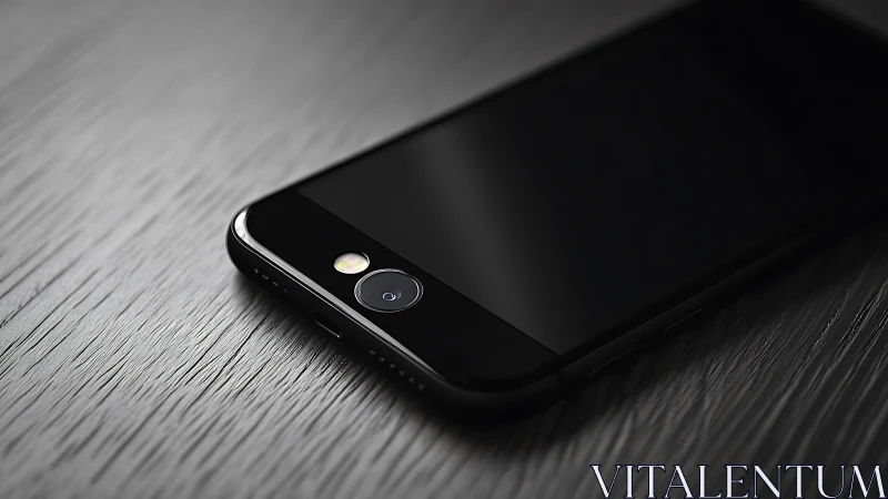 Smartphone with dual camera resting on textured metallic surface