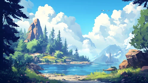 Mountain Lake Valley with Ancient Stone Monument.