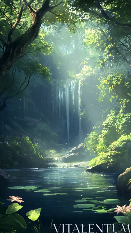 Forest Waterfall with Aquatic Vegetation and Canopy Lighting