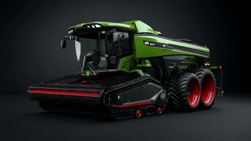 Futuristic green harvester tractor ready for powerful field work.