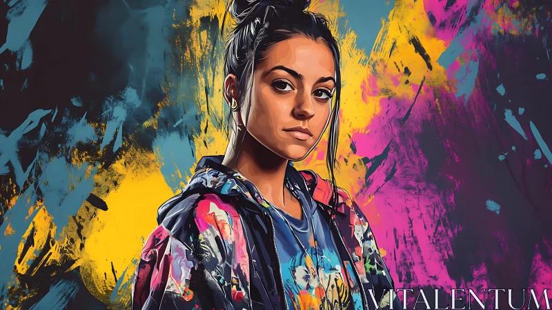 Urban portrait integrates graffiti color fields with stylized realism