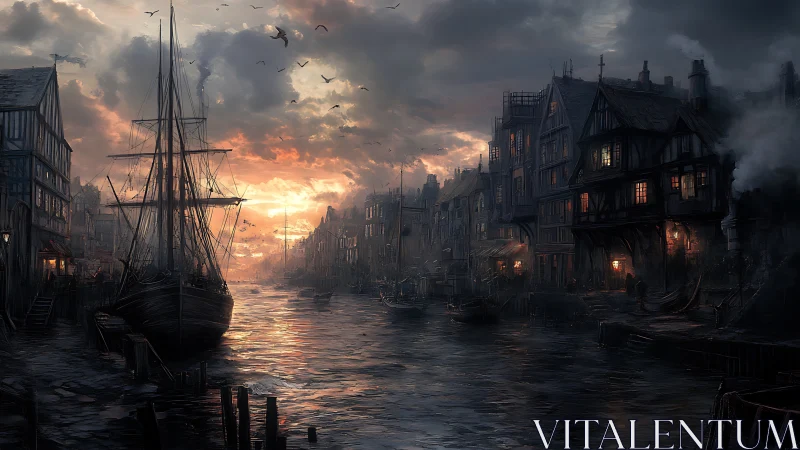 Twilight harbor canal with tall ship silhouettes and volumetric clouds