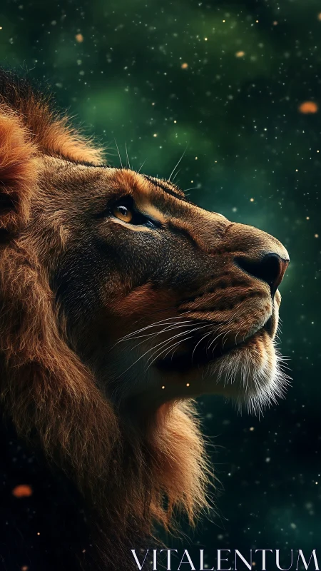 Majestic lion profile rendered in dramatic photorealistic lighting