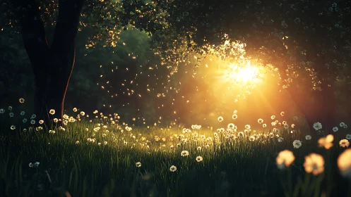 Enchanted Sunlit Meadow with Dandelions in Magical Morning Light.