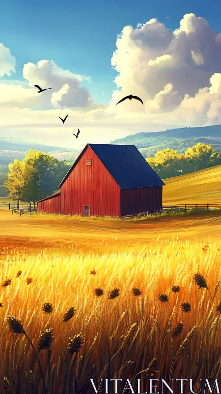 Golden fields and a bright red barn under drifting clouds.