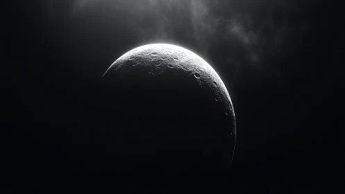 Crescent moon rim with stark craters in deep shadowed sky.