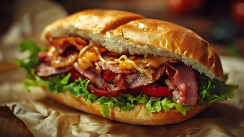 Bacon sandwich sits on parchment with crisp lettuce and sauce