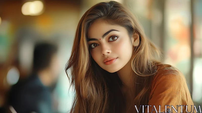Shallow‑depth portrait of woman in warm ambient café light.