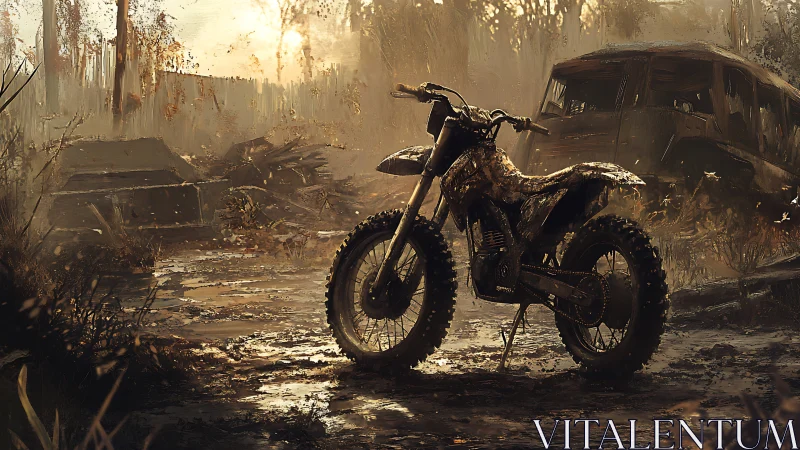 Mud-splattered dirt bike in smoky post-apocalyptic junkyard.