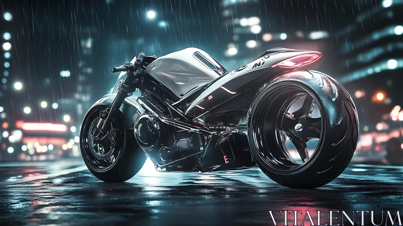 Electric street racer glows under rainy neon city lights tonight