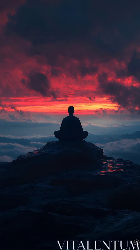 Silhouette meditates on mountain under burning crimson sky.
