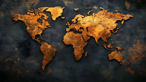 Golden world map glowing against deep textured night.