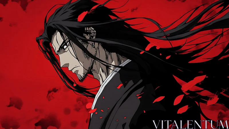 Brooding anime swordsman against blood red storm backdrop.