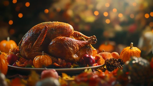 Roast turkey on platter surrounded by pumpkins and autumn decor