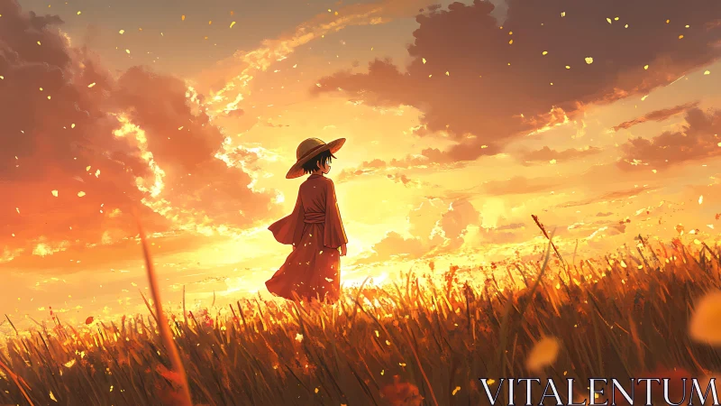 Child in straw hat walks wheat field under blazing sunset