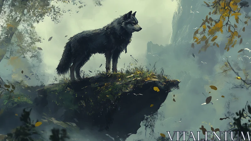 Lone wolf surveying misty forest cliff in painterly style.