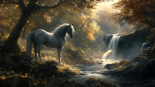 Digital painting of white horse by luminous woodland waterfall.